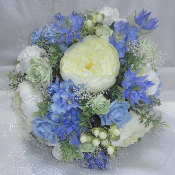 blue & ivory peony bouquet, blue wedding flowers